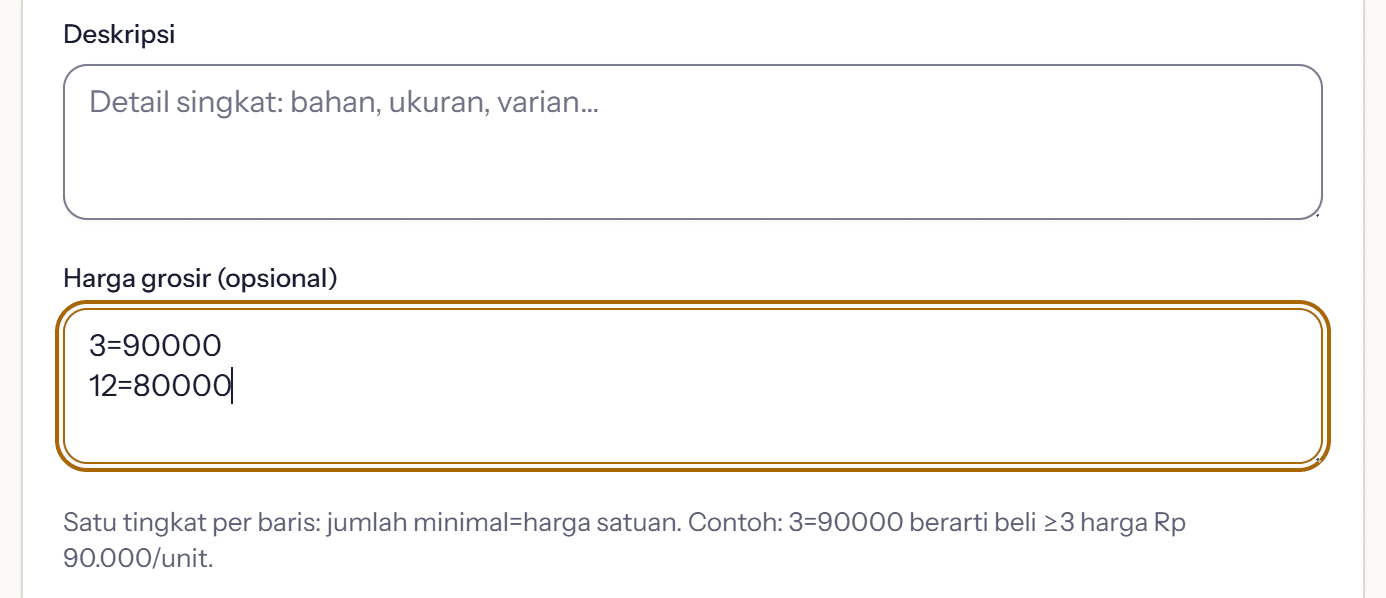 Kolom Harga grosir pada form produk, diisi tingkatan harga satu baris per tingkat