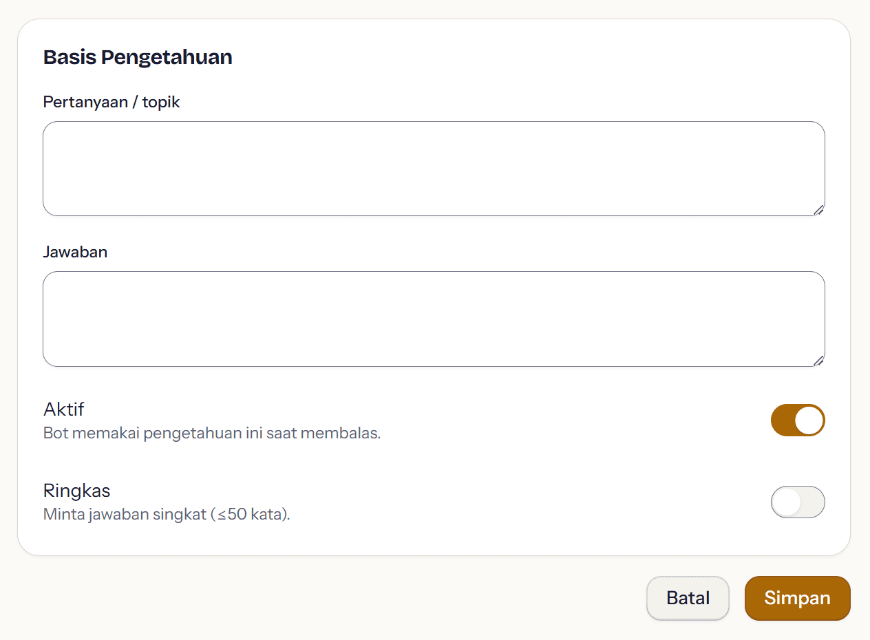 Form tambah pengetahuan: kolom Pertanyaan/topik, kolom Jawaban, dan saklar Aktif dan Ringkas