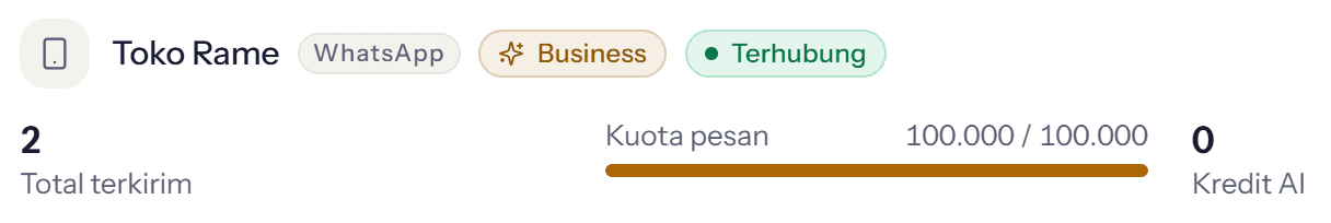 Baris perangkat berstatus Terhubung, dengan kuota pesan dan sisa kredit AI di bawahnya