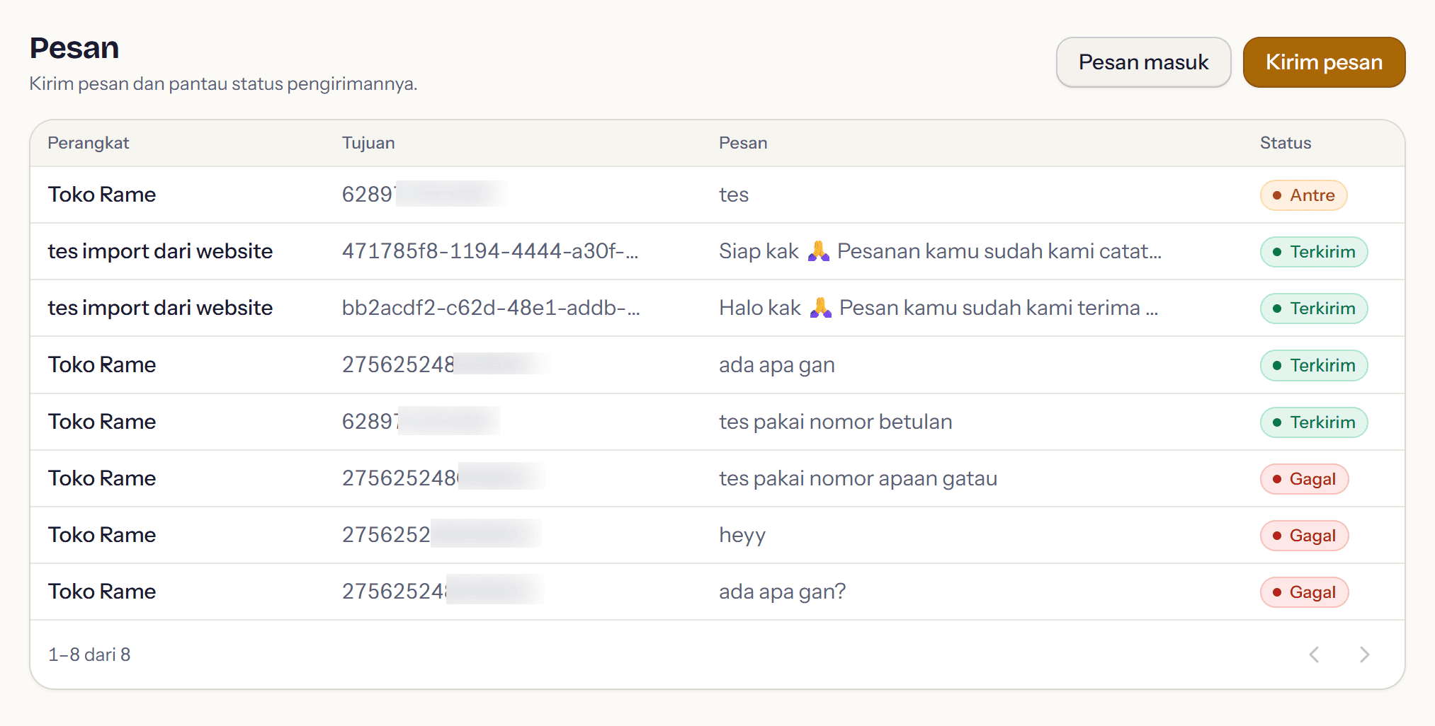 Daftar pesan dengan kolom status memperlihatkan Antre, Terkirim, dan Gagal