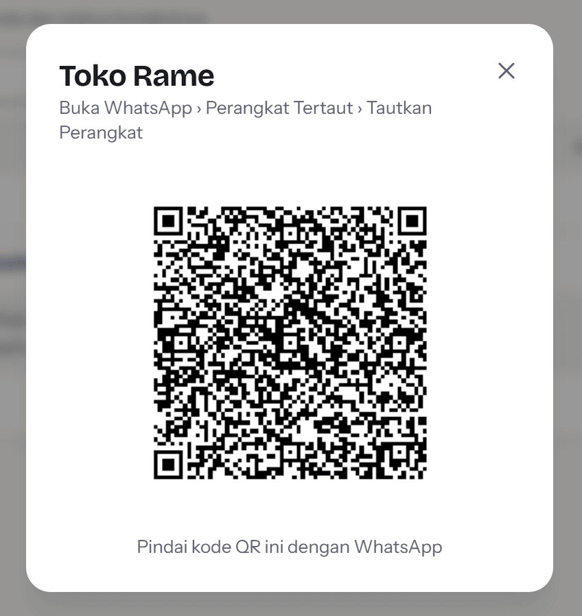 Jendela kode QR di QwikChat, dengan petunjuk Buka WhatsApp, Perangkat Tertaut, Tautkan Perangkat di atasnya