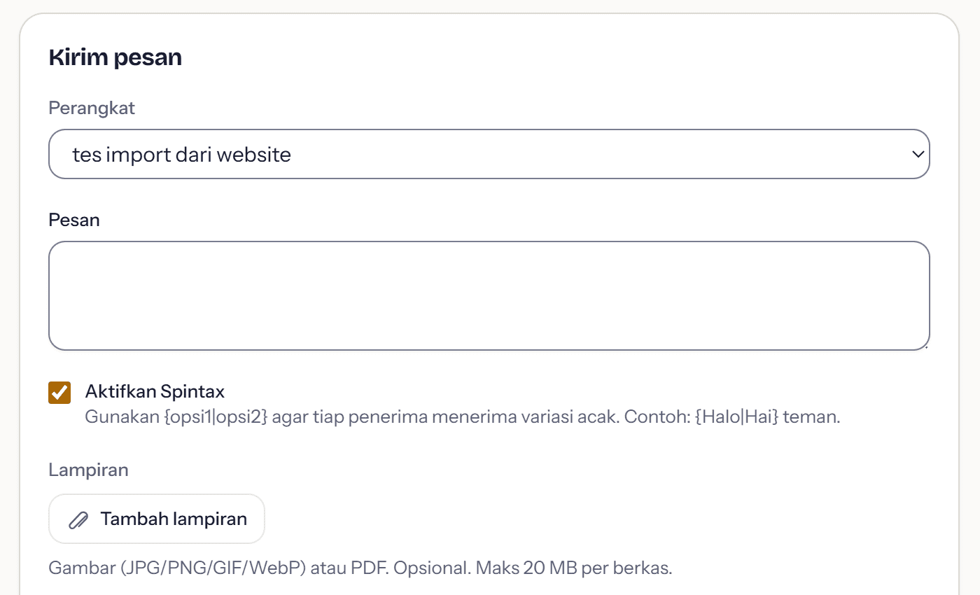 Centang Aktifkan Spintax dalam keadaan tercentang, beserta teks bantuannya di form kirim pesan