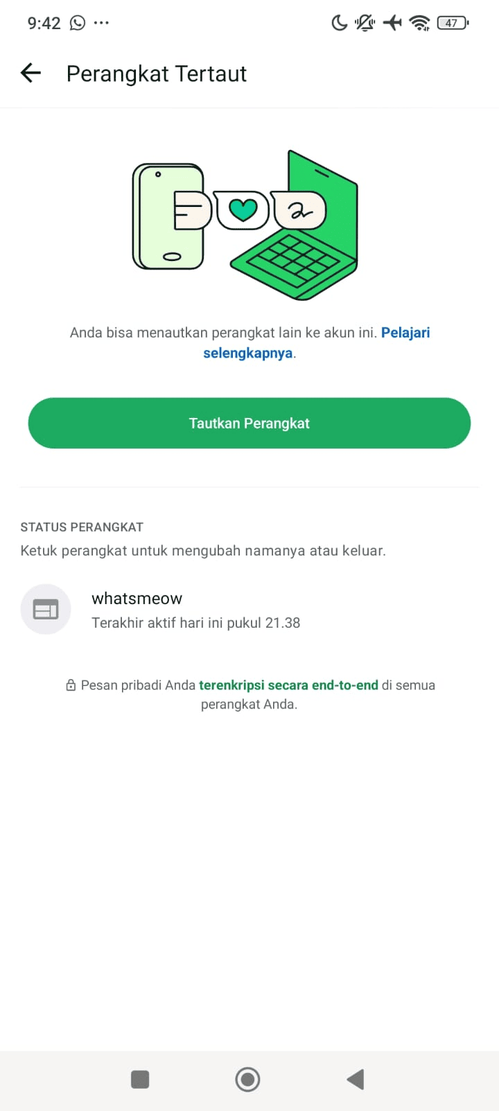 Layar Perangkat Tertaut di WhatsApp pada ponsel, dengan tombol Tautkan Perangkat dan satu perangkat terdaftar bernama whatsmeow